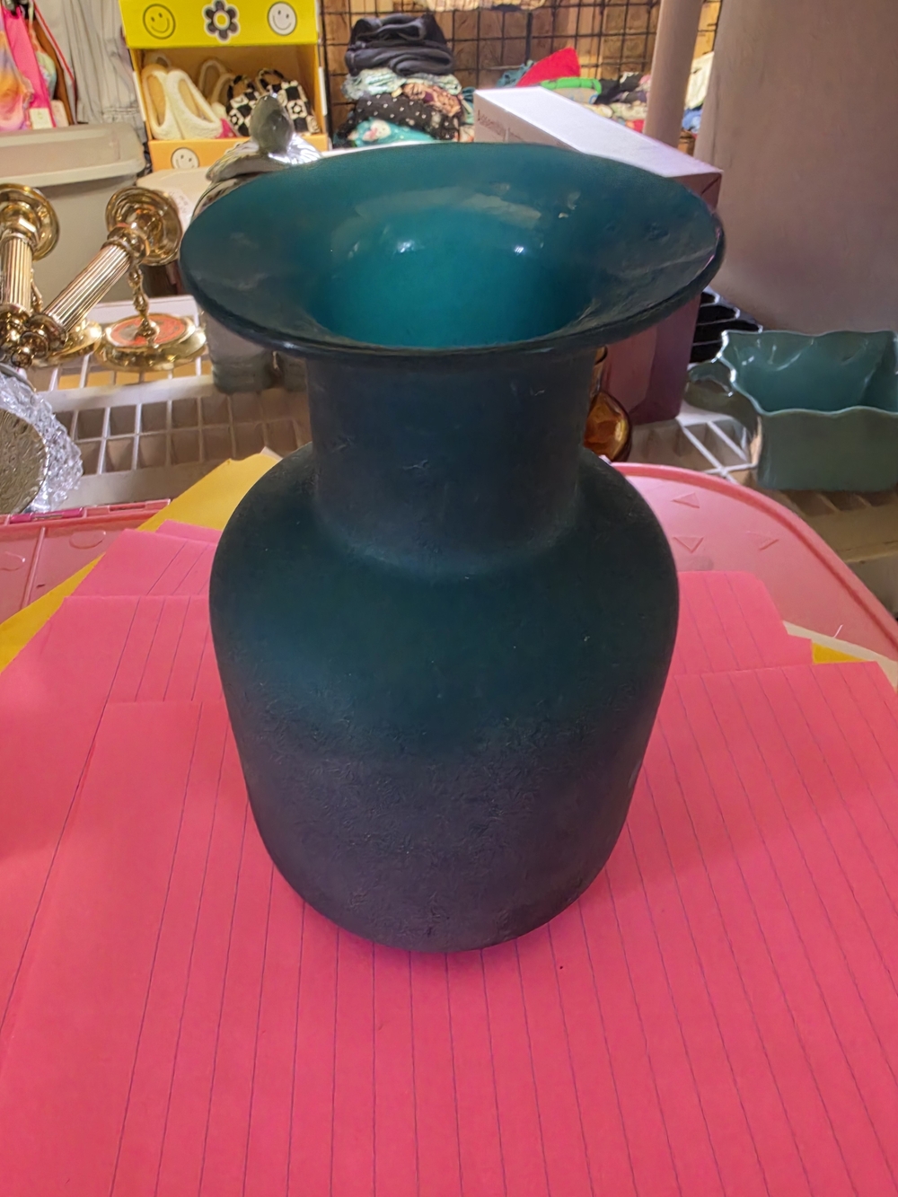 AT-1 Vintage Alexander Julian Handblown Frosted Textured Teal Vase